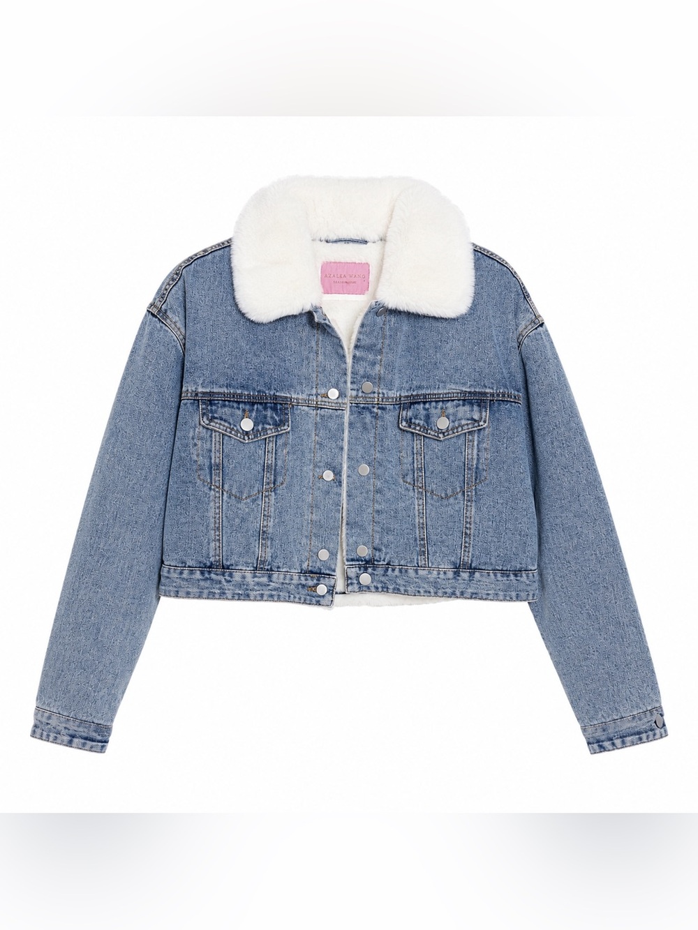 Azalea Wang Faux Fur Lined Cropped Denim Jacket Sherpa Collar Blue S (CKB091) - Picture 2 of 11